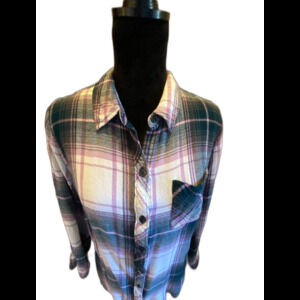 Terra & Sky Flannel Shirt Plus Size 1X Top Plaid Purple Pink Womans Button down